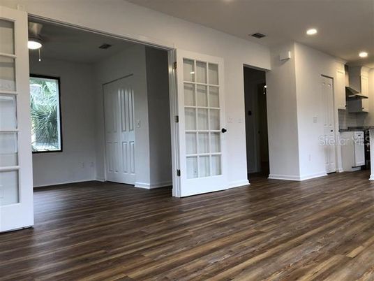 Empty room, Interior, Kitchen, Recessed Lighting, Wood Texture Flooring