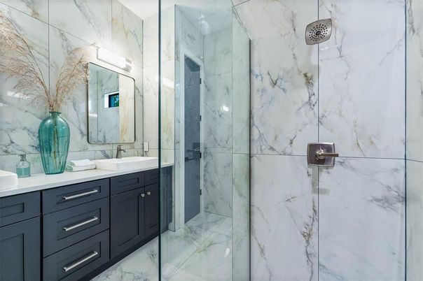 Bathroom, Glass Shower, Interior, Marble, Marble Walls