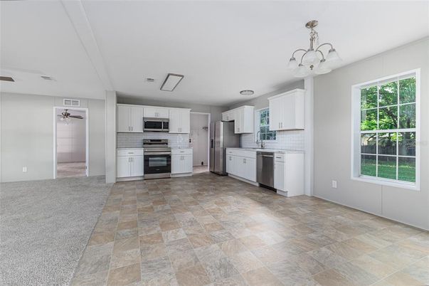 Chandelier, Interior, Kitchen, Stainless Steel Appliances