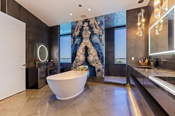 Bathroom, Dual Sink Vanities, Free Standing Baths, Interior, Pendant Lights, Recessed Lighting