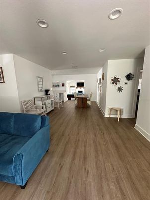 Dining room, Interior, Living room, Recessed Lighting, Wood Texture Flooring