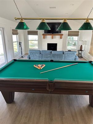 Billiard Table, Fireplace, Game Room, Interior, Pendant Lights, Wood Texture Flooring