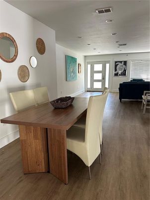 Dining room, Interior, Living room, Recessed Lighting, Wood Texture Flooring