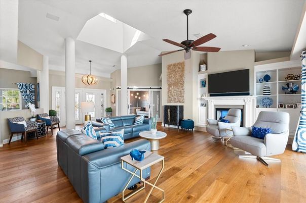 Fireplace, Interior, Living room, Pendant Lights, Wood Texture Flooring