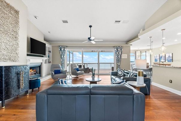 Fireplace, Interior, Living room, Pendant Lights, Recessed Lighting, Wood Texture Flooring