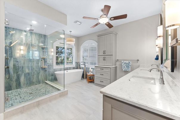 Bathroom, Dual Sink Vanities, Free Standing Baths, Glass Shower, Interior, Pendant Lights, Recessed Lighting