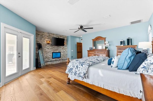 Bedroom, Fireplace, Interior, Stone Walls, Wood Texture Flooring