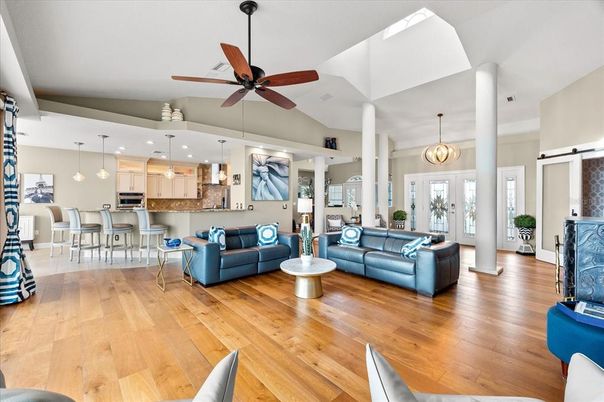 Dining room, Interior, Kitchen, Living room, Pendant Lights, Recessed Lighting, Stainless Steel Appliances, Wood Texture Flooring