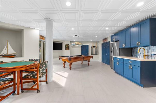 Billiard Table, Game Room, Interior, Kitchen, Pendant Lights, Recessed Lighting, Stainless Steel Appliances