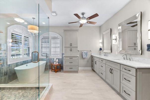Bathroom, Dual Sink Vanities, Free Standing Baths, Glass Shower, Interior, Pendant Lights, Recessed Lighting