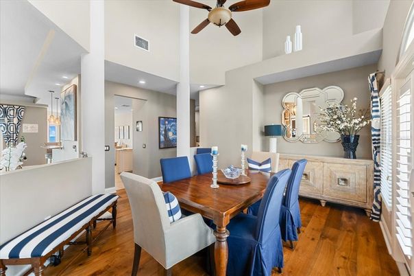 Dining room, Interior, Pendant Lights, Recessed Lighting, Wood Texture Flooring