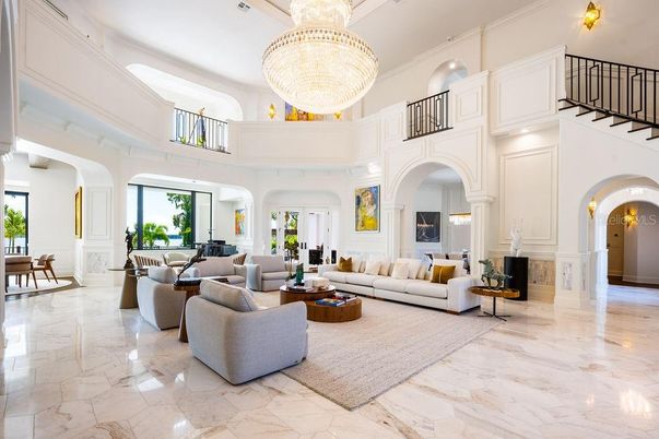Chandelier, Fireplace, Interior, Living room, Marble, Recessed Lighting
