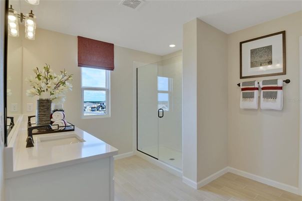 Bathroom, Glass Shower, Interior, Recessed Lighting, Wood Texture Flooring