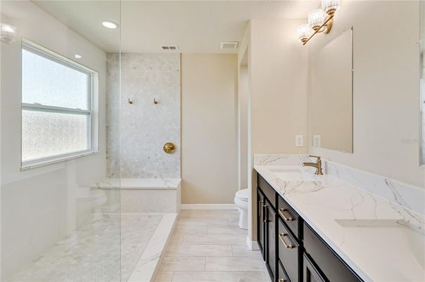 Bathroom, Dual Sink Vanities, Glass Shower, Interior, Recessed Lighting