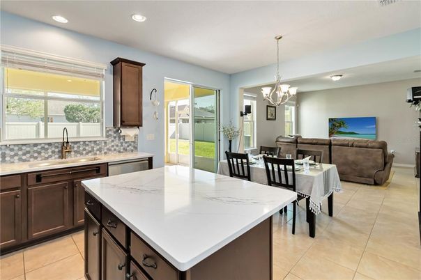 Chandelier, Dining room, Interior, Kitchen, Living room, Recessed Lighting, Stainless Steel Appliances