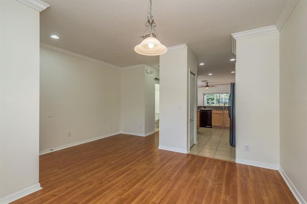 Empty room, Interior, Kitchen, Pendant Lights, Recessed Lighting, Wood Texture Flooring