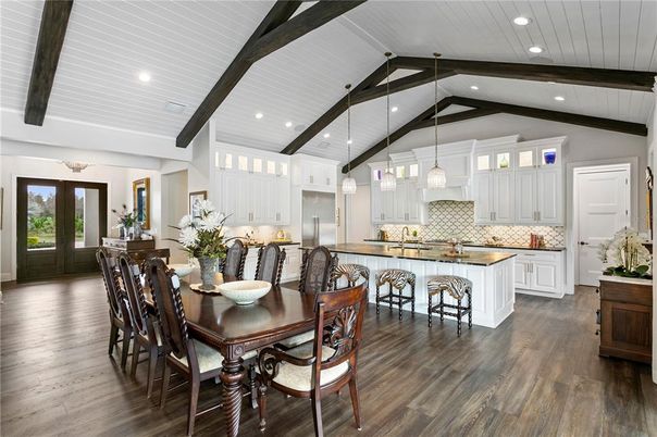 Dining room, Interior, Kitchen, Pendant Lights, Recessed Lighting, Stainless Steel Appliances, Wooden Beams, Wood Texture Flooring