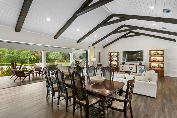 Dining room, Interior, Living room, Recessed Lighting, Wooden Beams, Wood Texture Flooring