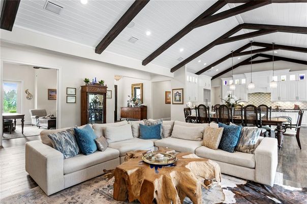 Dining room, Interior, Kitchen, Living room, Pendant Lights, Recessed Lighting, Wooden Beams, Wood Texture Flooring