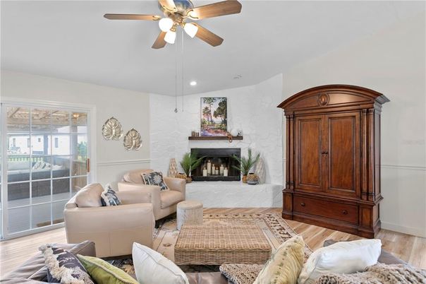 Fireplace, Interior, Living room, Recessed Lighting, Wood Texture Flooring
