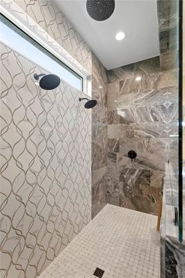 Bathroom, Glass Shower, Interior, Marble Walls, Recessed Lighting