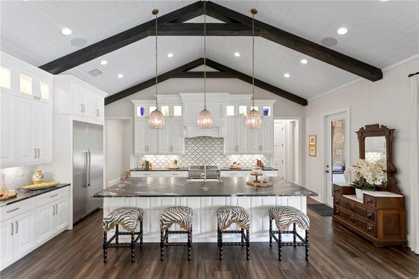 Interior, Kitchen, Pendant Lights, Recessed Lighting, Stainless Steel Appliances, Wooden Beams, Wood Texture Flooring