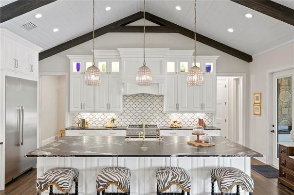Interior, Kitchen, Pendant Lights, Recessed Lighting, Stainless Steel Appliances, Wooden Beams, Wood Texture Flooring