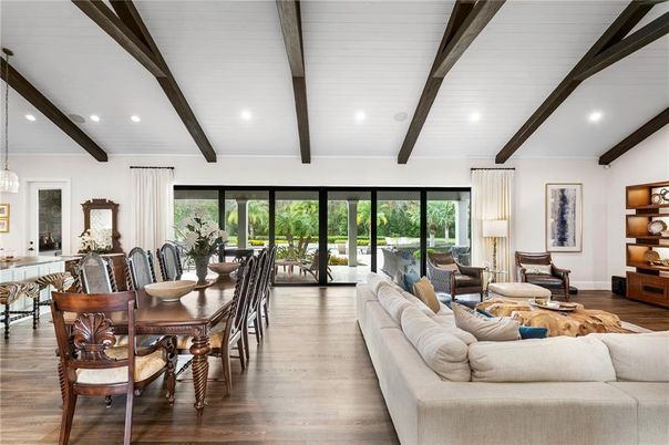 Dining room, Interior, Living room, Pendant Lights, Recessed Lighting, Wooden Beams, Wood Texture Flooring