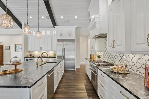 Interior, Kitchen, Pendant Lights, Recessed Lighting, Stainless Steel Appliances, Wooden Beams, Wood Texture Flooring