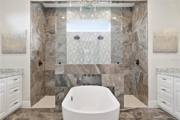 Bathroom, Free Standing Baths, Glass Shower, Interior, Marble Walls
