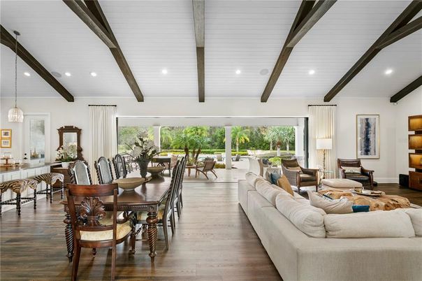 Dining room, Interior, Living room, Pendant Lights, Recessed Lighting, Wooden Beams, Wood Texture Flooring