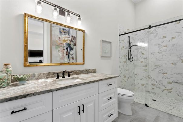 Bathroom, Dual Sink Vanities, Glass Shower, Interior, Marble Walls