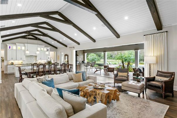 Dining room, Interior, Kitchen, Living room, Pendant Lights, Recessed Lighting, Wooden Beams, Wood Texture Flooring