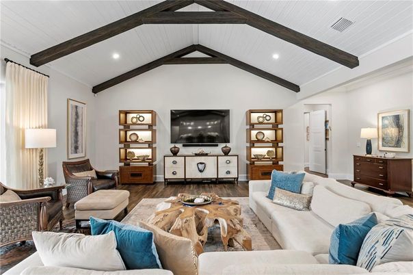 Interior, Living room, Recessed Lighting, Wooden Beams, Wood Texture Flooring