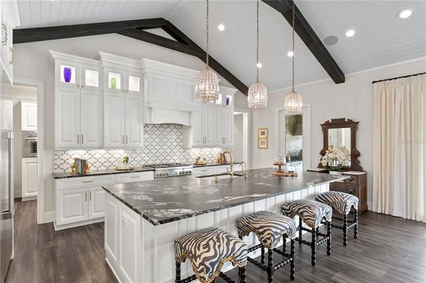 Interior, Kitchen, Pendant Lights, Recessed Lighting, Stainless Steel Appliances, Wooden Beams, Wood Texture Flooring