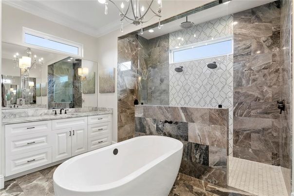 Bathroom, Dual Sink Vanities, Free Standing Baths, Glass Shower, Interior, Marble Walls