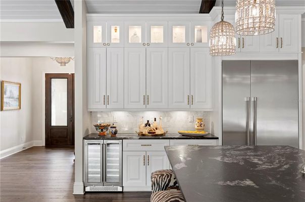 Chandelier, Interior, Kitchen, Stainless Steel Appliances, Wood Texture Flooring