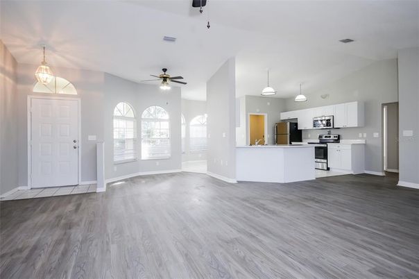 Interior, Kitchen, Pendant Lights, Stainless Steel Appliances, Wood Texture Flooring