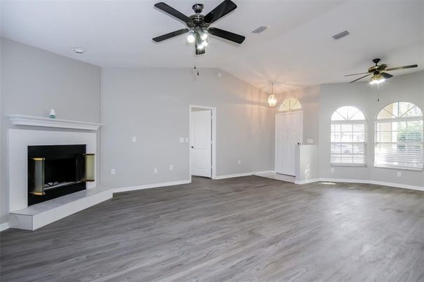 Empty room, Fireplace, Interior, Pendant Lights, Wood Texture Flooring