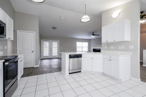 Interior, Kitchen, Pendant Lights, Stainless Steel Appliances, Wood Texture Flooring