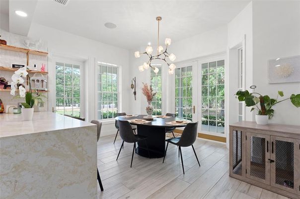 Dining room, Interior, Pendant Lights, Recessed Lighting, Wood Texture Flooring