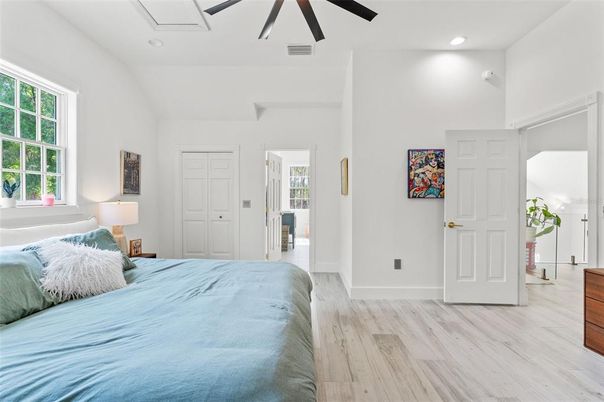 Bedroom, Interior, Recessed Lighting, Wood Texture Flooring