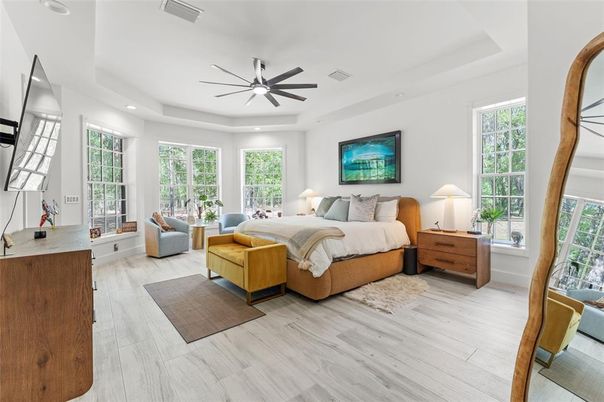 Bedroom, Interior, Recessed Lighting, Wood Texture Flooring