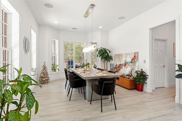 Dining room, Interior, Pendant Lights, Recessed Lighting, Wood Texture Flooring