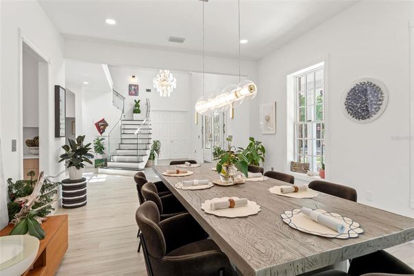 Chandelier, Dining room, Interior, Pendant Lights, Recessed Lighting, Wood Texture Flooring