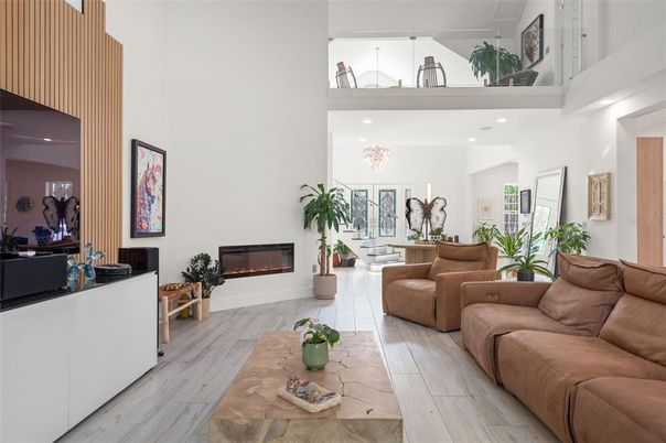 Fireplace, Interior, Living room, Recessed Lighting, Wood Texture Flooring