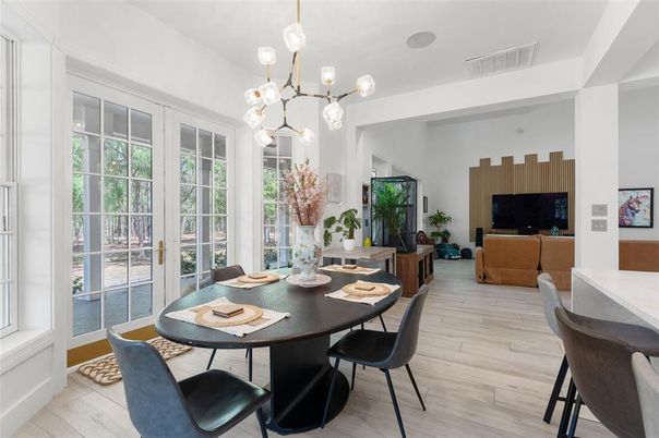 Dining room, Interior, Living room, Pendant Lights, Wood Texture Flooring