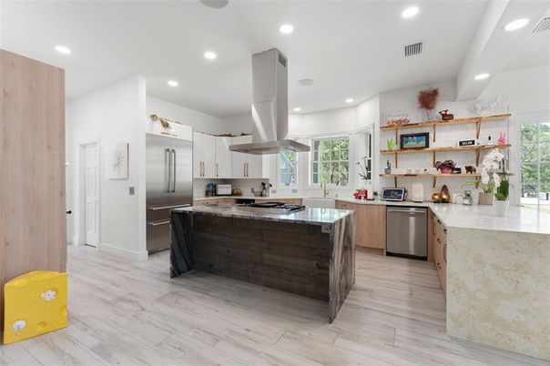 Interior, Kitchen, Recessed Lighting, Stainless Steel Appliances, Wood Texture Flooring