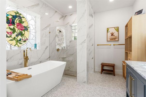 Bathroom, Free Standing Baths, Interior, Marble Walls, Recessed Lighting