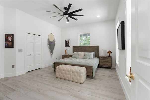 Bedroom, Interior, Recessed Lighting, Wood Texture Flooring